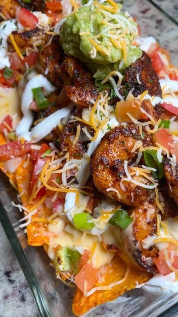 Surf And Turf Nachos With Queso, Surf And Turf Nachos, Loaded Doritos Nachos, Loaded Nachos Recipe, Nachos Recipe Beef, 2023 Recipes, Food Pic, Loaded Nachos, Steak And Shrimp