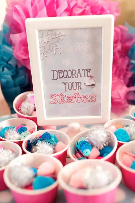 Ice Skating Birthday Party via Kara's Party Ideas I KarasPartyIdeas.com #WinterWonderland #WinterParty #IceSkatingParty #Frozen #PartyIdeas #PartyPlanning #WinterPartyIdeas (6) Ice Skating Birthday Party Decorations, Ice Skating Theme Party, Ice Skating Party Food, Figure Skating Birthday Party, Ice Skating Themed Birthday Party, Ice Skating Party Ideas, Ice Skating Craft, Ice Skating Birthday Party Ideas, Ice Skating Party Favors