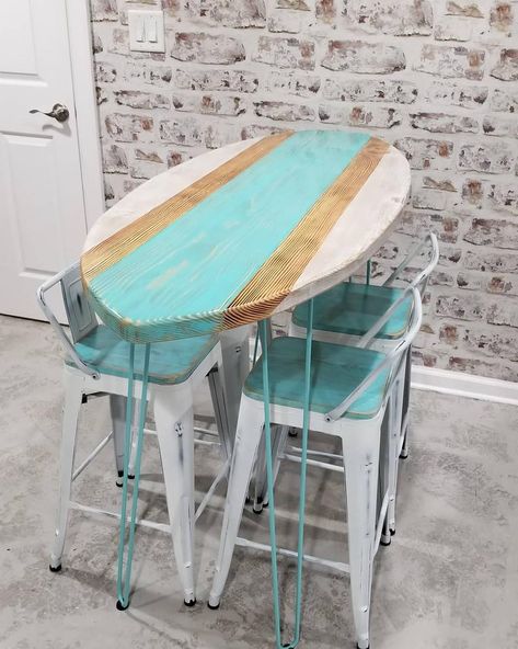 Made to order surfboard kitchen dining table island patio set | Etsy Surfboard Bar, Barra Bar, Surfboard Table, Yard Crashers, Deco Surf, Table Island, Porch Bench, Coffee Ideas, Loft Stil