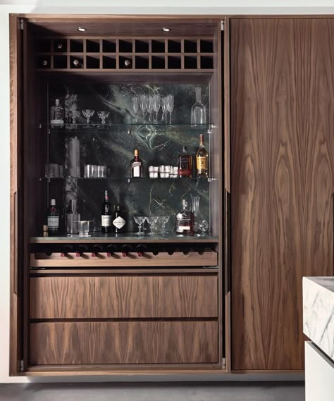 Integrated Bar In Kitchen, Lockable Bar Cabinet, Wardrobe Bar Ideas, Walnut Bar Cabinet, Dark Wet Bar Ideas, Inbuilt Bar Cabinet, Wine Bar In Living Room, Wine Storage Modern, Custom Liquor Cabinet