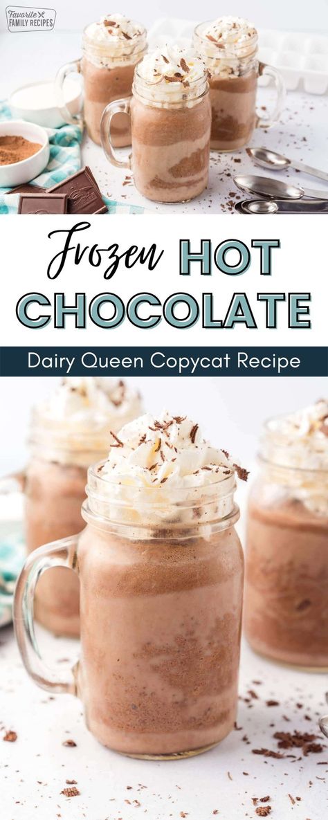 This Frozen Hot Chocolate recipe has a rich, hot chocolate taste, with the creaminess of a chocolate milkshake. There’s nothing better than drinking this cool, creamy, chocolatey drink on a hot summer day! They taste like the fancy drinks you can get in New York City at Serendipity but a lot cheaper and easier to make at home. Dairy Queen Frozen Hot Chocolate Recipe, Things To Make With Hot Chocolate Powder, Frozen Hot Chocolate Recipe Dq, Homemade Frozen Hot Chocolate, Recipes With Hot Chocolate Powder, Frozen Hot Chocolate Recipe Easy, Iced Hot Chocolate Recipe, Hot Chocolate Milkshake, Fancy Hot Chocolate