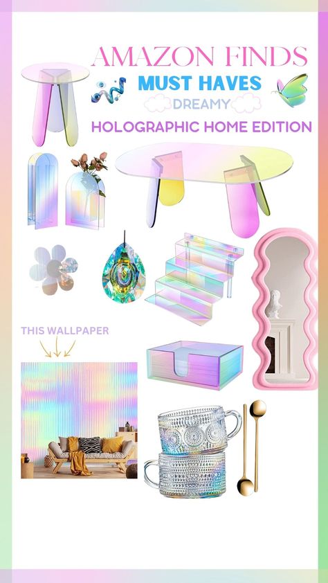 Iridescent Bedroom Ideas, Holographic Home Decor, Iridescent Living Room, Pastel Esthetician Room, Holographic Room Aesthetic, Iridescent Bathroom Ideas, Iridescent Office Decor, Holographic Room Decor, Diy Holographic Decor