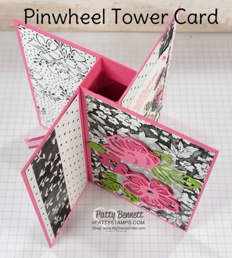 Pinwheel Cards Tutorial, Pinwheel Tower Card, Tower Card, Patty Bennett, Pin Wheel, Tarjetas Pop Up, Fancy Fold Card Tutorials, Card Making Templates, Card Making Supplies