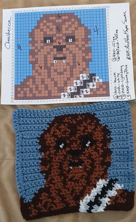 The crochet chart was created to produce the STAR WARS Chewbacca granny square for the afghan in progress. All crocheted in SC. 30 Stitches across and 30 rows down with 1 row of trim around. YARNS used: RED HEART SUPER SAVER Black, White, Light Grey, Coffee, & Country Blue. BIG TWIST Toffee. Star Wars Crochet Sweater, Star Wars Crochet Bag, Star Wars Granny Square, Crochet Chewbacca, Star Wars Crochet Patterns Free, Crochet Star Wars, Star Wars Pc, Jedi Symbol, Star Wars Blanket