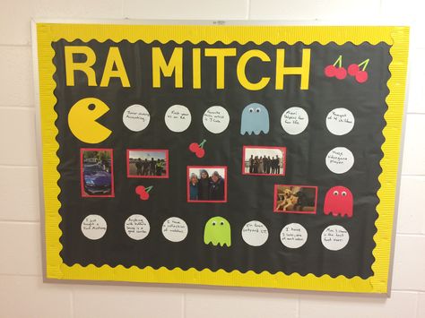 About Me Bulletin Board RA Resident Assistant Pac Man About Me Bulletin Board, Ra Bulletins, Ra Boards, Ra Bulletin Boards, Resident Assistant, Door Tags, Ra Ideas, Pac Man, Board Ideas