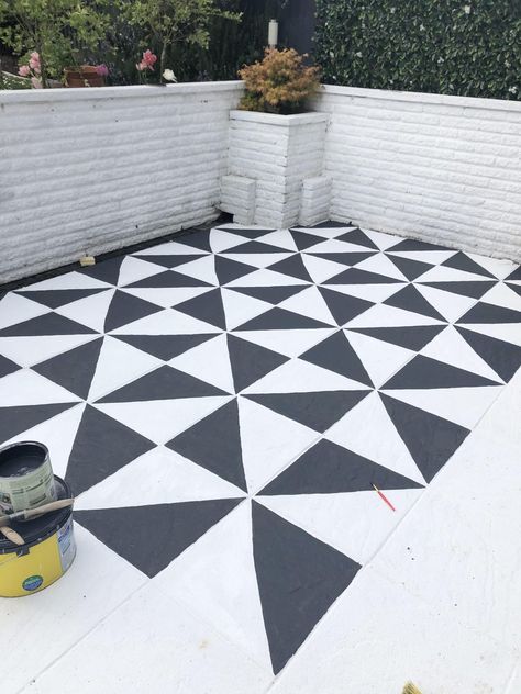 Our Painted Patio Makeover – Progress And Products Used - Boo & Maddie Painted Patio Slabs Outdoor Spaces, Painted Paving Slabs Patio, Patio Paint Ideas, Painted Concrete Patio, Stencil Floor, Concrete Yard, Paint Concrete Patio, Dark Grey Paint, Floor Painting