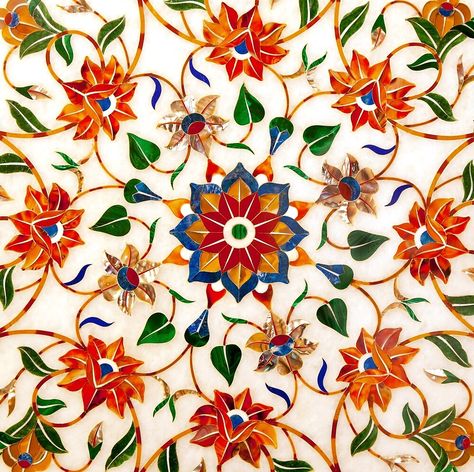 "Taj Mahal Floral Design" by Platslee | Redbubble Screen Printing Motifs, Marble Inlay Designs, Marble Inlay Floor, Marble Medallion, Inlay Flooring, Flooring Pattern, Mosaic Medallion, Flooring Design, Marble Decor