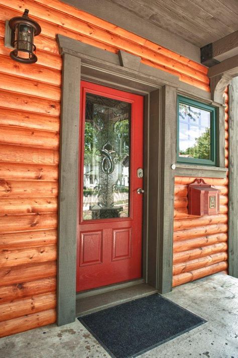 Installing decorative window and door trim step 5 Cabin Front Door, Door Trim Ideas, Exterior Door Trim, Installing Exterior Door, Log Homes Exterior, Log Cabin Exterior, Rustic Front Door, Trim Ideas, Cabin Doors