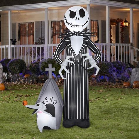 5' Nightmare Before Christmas Jack Skellington With His Dog Zero In Doghouse SKU: 224416 5' Tall x Over 3 ½' Wide x 22 " Deep! Show everyone who is the Pumpkin King and has the best display with this Nightmare Before Christmas Jack Skellington Inflatable!This Gemmy Airblown inflatable blows up in minutes with a Low Voltage internal Fan. This Airblown Inflatable must remain plugged in to stay inflated. It comes with everything you need for a glowing nighttime display that will be the talk of the Jack Skellington Inflatable, Strong Features, Nightmare Before Christmas Halloween, Halloween Inflatables, Winter Inspo, Christmas Inflatables, Disney Decor, Oogie Boogie, Outdoor Holiday Decor