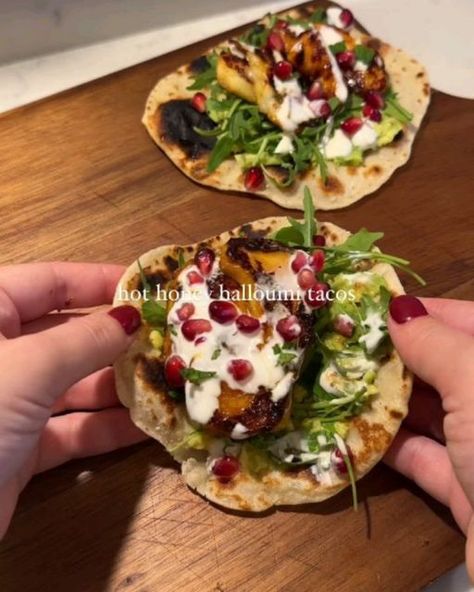 Meal Preparation on Instagram: "HOT HONEY HALLOUMI TACOS 🌮🍯🌶️ by @foodieholly  These speedy tacos are sticky, salty, sweet and spicy. The mint yoghurt, avocado and rocket and pomegranate seeds give them a lovely freshness and make them the perfect weeknight dinner 🤤🤤  INGREDIENTS (serves 4) - 250g Halloumi  - 8 mini tortillas - 2 avocados  - 60g rocket  - 50g pomegranate seeds  - 1 heaped tsp harissa  - 2 tbsp honey  - 1 tsp chilli flakes  - 60ml Greek yoghurt (or 4 tbsp) - 10g mint, chopped   METHOD - Prep the avocados, cut each half of the avocado in half until each one is in quarters  - Make the mint yoghurt by combining yoghurt and chopped mint - Thinly slice the halloumi, not too thin that it breaks  - To a bowl add the honey, harrisa, chilli flakes and a pinch of black pepper  - Halloumi Tacos, Halloumi Avocado, Hot Honey Halloumi Flatbread, Summer Bowl With Hot Honey Halloumi, Hot Honey Halloumi, Mini Tortillas, Pomegranate Seeds, Weeknight Dinner, Sweet And Spicy