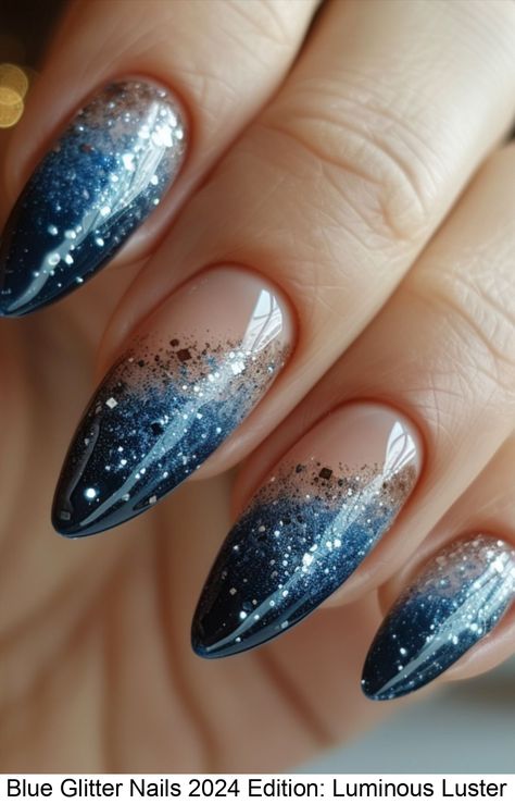 Immerse yourself in the mesmerizing beauty of our Blue Glitter Nails 2024 Edition designs!  #bluenaildesigns Acotar Nails Ideas, Midnight Sky Nails, Night Court Nails Acotar, Acotar Nails, Midnight Nails, Juliana Nails, Elegant Touch Nails, Blue Glitter Nails, Pastel Nails Designs