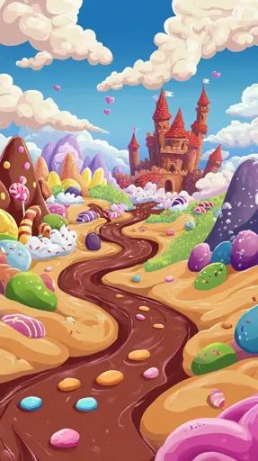 ↑↑↑ Larger size on website 🔸 The image depicts a whimsical candy land landscape. A winding chocolate river flows through the scen Candy Land Fantasy Art, Candy World Drawing, Candy World Illustration, Candyland Characters, Phone's Wallpaper, Chocolate River, Castle In The Distance, River Drawing, Gingerbread Castle