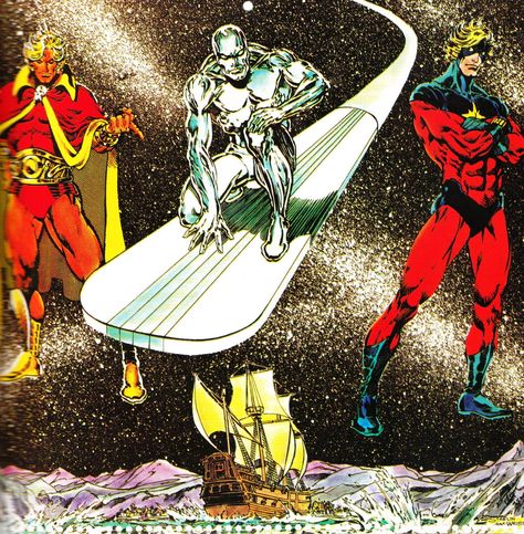 Warlock, Silver Surfer, & Captain Marvel by Jim Starlin Marvel Calendar, Jim Starlin, Cosmic Comics, Adam Warlock, Captain Marvel Carol Danvers, Marvel Comics Superheroes, Comic Book Artwork, Marvel Comic Character, Marvel Entertainment