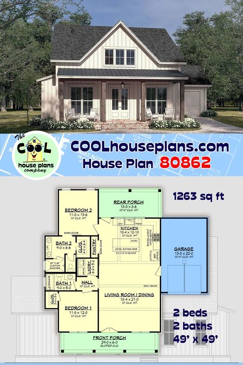 Small Two bedroom country home plan with great curb appeal - Open kitchen central to home, dining, great room with decorative beams - Oversized kitchen with pantry and island - Large front and rear porches for entertaining! Oversized one car front facing garage with additional storage. Whatever your needs, keep in mind that any plan can be changed and almost any change can be made through our modification service. #COOLhouseplans House Plans For Half Acre Lot, Large 2 Bedroom 2 Bath House Plans, Small Home Plans 2 Bed 2 Bath With Garage, Country House Plans With Porch, 3 Bedroom Ranch Floor Plans, Small Country House Plans, 2 Bed Plus Den House Plans, 2 Bedroom Handicapped House Plans, 2 Bedroom Log Cabin Floor Plans