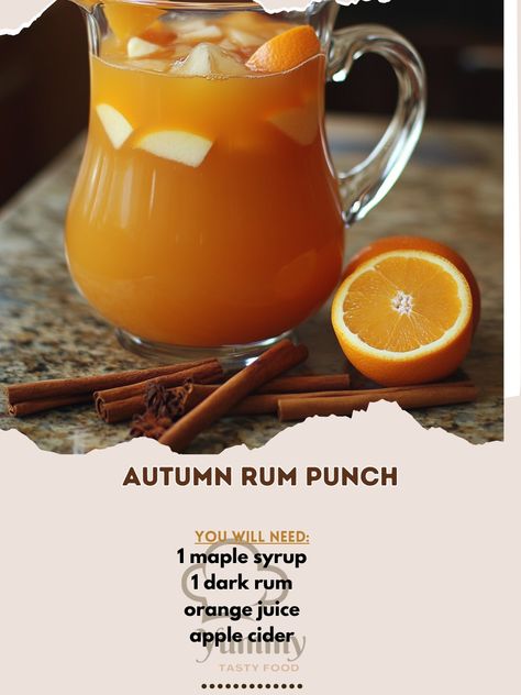 🍂🍹 Get cozy with this Autumn Rum Punch, the perfect blend of seasonal flavors and a hint of spice! 🍁✨ Autumn Rum Punch Ingredients: - 2 cups apple cider - 1 cup orange juice - 1/2 cup dark rum - 1/4 cup maple syrup - 1/4 cup lemon juice - 1/2 tsp ground cinnamon - 1/4 tsp ground nutmeg - 1/4 tsp ground cloves - Orange slices and cinnamon sticks for garnish Instructions: 1. In a large pitcher, combine apple cider, orange juice, dark rum, maple syrup, lemon juice, cinnamon, nutmeg, and clove... Rum And Orange Juice, Cozy Fall Recipes, Rum Punch, Festive Drinks, Dark Rum, Ground Nutmeg, Hearty Soups, Orange Slices, Ground Cinnamon