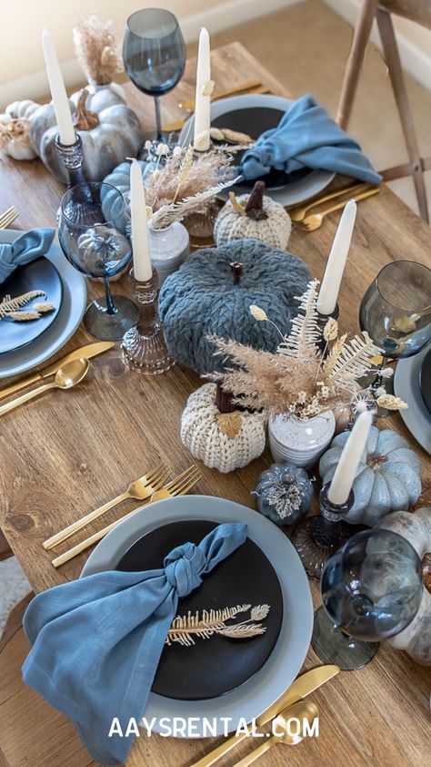 fall table design in gray, blue, ivory, with gold accents Blue Gray Table Setting, Blue Wine Glasses Table Setting, Thanksgiving Blue Decor, Blue And Ivory Kitchen, Blue White Gold Fall Decor, Light Blue Plates Table Setting, Teal Thanksgiving Decor, Light Blue Thanksgiving Table, Thanksgiving Blue Table Settings