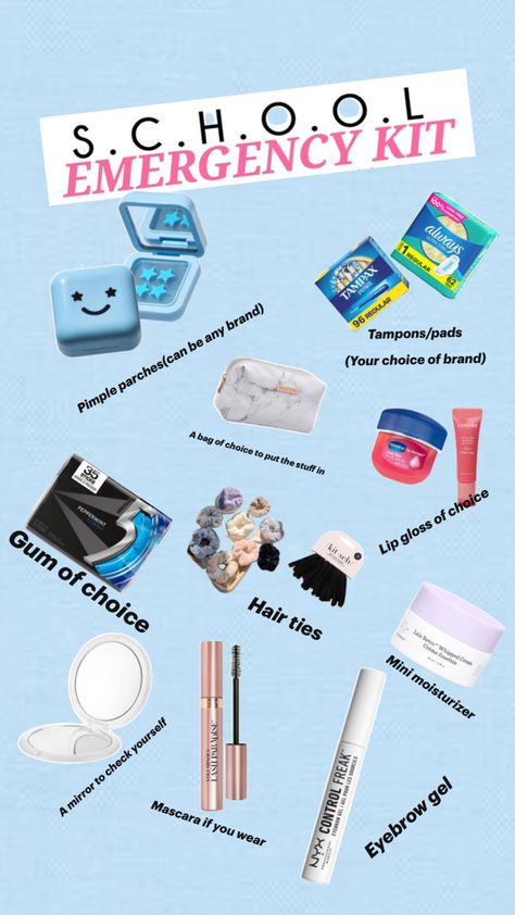 Don’t give any gum to people Kit For School, Summer Bag Essentials, Middle School Essentials, School Emergency Kit, Period Kit, School Bag Essentials, School Safety, Backpack Essentials, School Kit