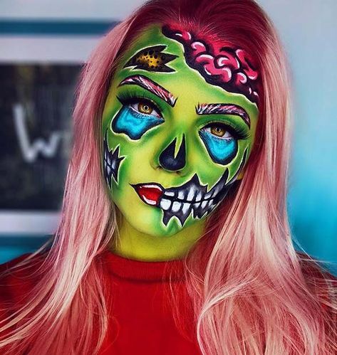 Zombie Popart Makeup, Comic Book Zombie Makeup, Zombie Cartoon Makeup, Cool Face Painting Ideas, Comic Zombie Makeup, Popart Zombie Makeup, Cartoon Zombie Makeup, Pop Art Face Paint, Neon Halloween Makeup