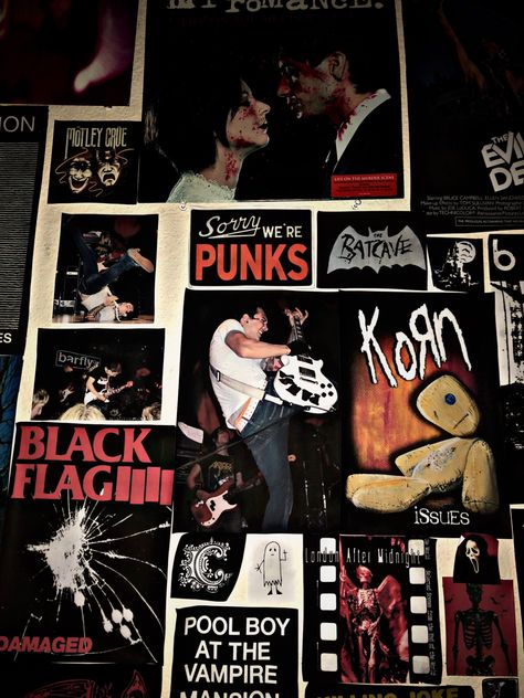 Band Poster Bedroom, My Chemical Romance Room Decor, 2000s Emo Room Ideas, Grunge Bedroom Ideas Punk Rock, Punk Rock Room Aesthetic, Punk Dorm Room, Mcr Bedroom, Wall Full Of Posters, 2000s Older Brother Core Room