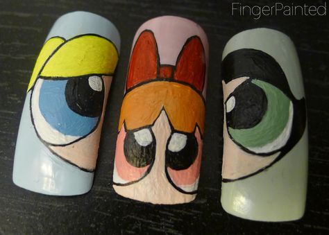 Powerpuff Girls!!! Powerpuff Inspired Nails, Easter Nails Ideas, Cartoon Nail Designs, Summer Nails Art, Easter Nail Art Designs, Disney Acrylic Nails, Daisy Nail Art, Girls Nail Designs, Pop Art Nails