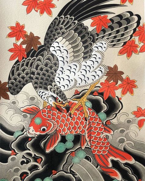 Japanese Hawk Tattoo, Japanese Flash, Falcon Tattoo, Traditional Tattoo Stencils, Japanese Animals, Japanese Bird, Japan Tattoo Design, Japanese Dragon Tattoos, Japan Painting