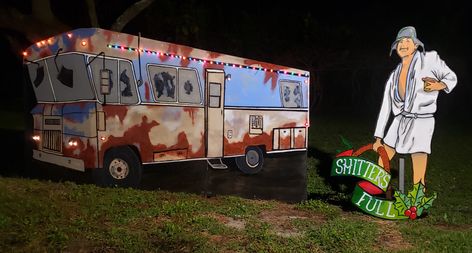 Wooden yard art of National Lampoons Christmas Vacation Cousin Eddie and his 1972 Ford Condor RV. Made my own custom Christmas lights which include head lights, clearance lights, brake light and side door light. Hand painted out of 1/2" plywood. Rv is 1 full sheet of plywood, 4x8. Cousin Eddie is 29" wide and 48" tall also hand painted. National Lampoon Christmas Vacation Outdoor Decorations, Christmas Vacation Yard Art, Christmas Vacation Yard Decorations, National Lampoon Christmas Decorations, National Lampoons Christmas Decorations, National Lampoons Christmas Vacation Diy, Griswold Family Christmas Party, Christmas Dinner Themes, Parade Float Diy