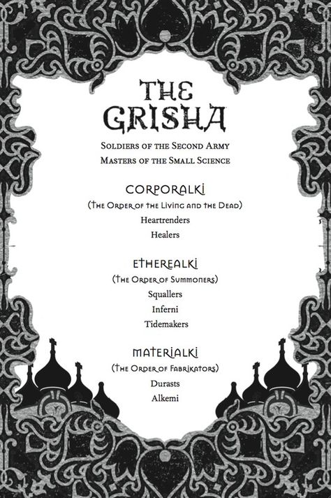 A list of the Grisha Orders that appears at the beginning of SHADOW AND BONE by Leigh Bardugo Shadow And Bone Grisha Orders, Shadow Bone Aesthetic, Shadow And Bone Drawing Easy, Ravkan Alphabet Shadow And Bone, Shadow And Bone Aesthetic Book, Shadow And Bone Characters, Shadow And Bone Grisha, Shadow And Bone Aesthetic, Shadow And Bone Book