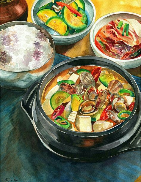 Soybean Paste Soup, Soybean Paste, Japanese Food Illustration, Food Illustration Design, Food Artwork, Food Sketch, Food Cartoon, Watercolor Food, Cute Food Art