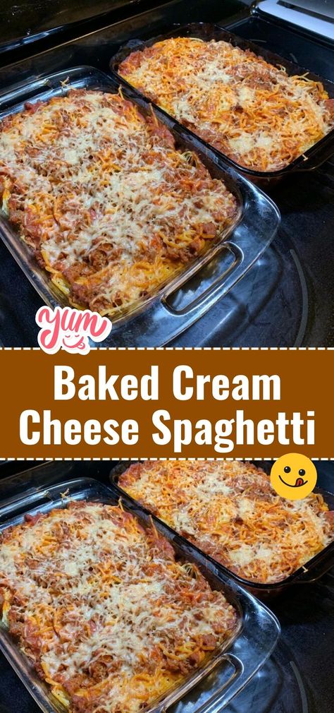 Make dinner easy with Baked Cream Cheese Spaghetti. This dish combines spaghetti, cream cheese, and a rich tomato sauce, baked to perfection. A family favorite. #CreamCheeseSpaghetti #BakedPasta #FamilyMeals Spaghetti Pie With Cream Cheese, Creamy Baked Spaghetti With Cream Cheese, Baked Spagetti Recipe With Cream Cheese, Baked Cream Cheese Spaghetti Recipe, Cream Cheese Spaghetti Bake, Baked Cream Cheese Spaghetti Casserole, Baked Spaghetti Recipe With Cream Cheese, Chicken Spaghetti With Cream Cheese, Spagetti Casseroles Baked