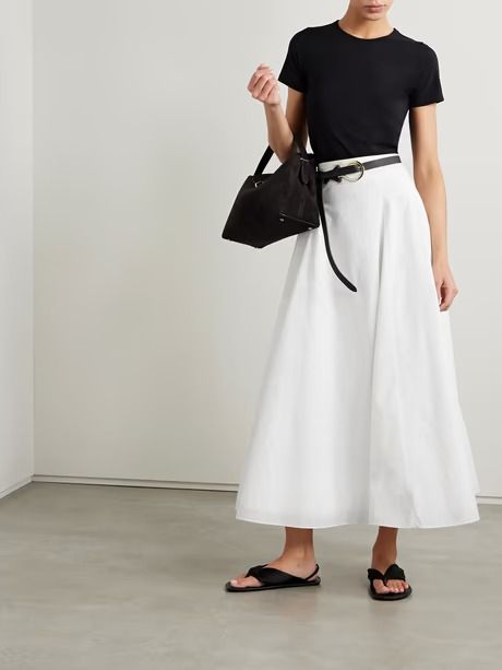 ANOTHER TOMORROW + NET SUSTAIN recycled-taffeta midi skirt | NET-A-PORTER Minimalist Outfit Inspiration, Christian Dior Skirt, White Party Outfit Casual, Another Tomorrow, Top And Midi Skirt Outfit, Net A Porter Summer, White Skirt Black Top, White Midi Skirt Outfit, Classy Skirt Outfits