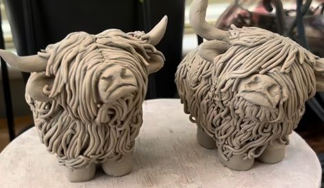 Ceramic Highland Cow, Highland Cow Pottery, Cow Clay Sculpture, Highland Cow Clay, Funny Ceramics, Cow Clay, Slip Casting Ceramics, Highland Bull, Animal Ceramics