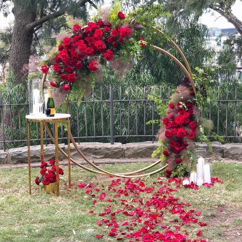 Elegant Tea Time 在 Instagram 上发布：“What a stunning proposal backdrop! 😍 Styling by @sweettreatsbyalanna Props by @elegant_tea_time . . #weddingproposal #proposal To view…” Moon Arch, Wedding Arches Outdoors, Wedding Entrance Decor, Rustic Wedding Decorations, Wedding Ceremony Ideas, Round Backdrop, Wedding Backdrop Design, Wedding Entrance, Wedding Scene