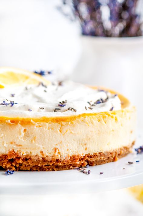 Lemon Lavender Mascarpone Cheesecake - The perfect warm weather, light, airy, yet decadent cheesecake with tons of lemon flavor and a hint of lavender. From aberdeenskitchen.com #lemon #lavender #mascarpone #cheescake #baking #dessert #spring #summer #whippedcream #grahamcracker #crust Honeycomb Cheesecake, Dessert Spring, Mascarpone Cheesecake, Decadent Cheesecake, Triple Chocolate Cheesecake, Savory Cakes, Chocolate Raspberry Cheesecake, Chocolate Crust, How To Make Cheesecake