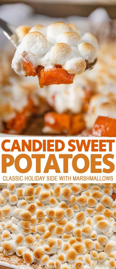 Candied Sweet Potatoes are a traditional side for holidays like Thanksgiving or Christmas with butter (or margarine), brown sugar, cinnamon and marshmallows. #sweetpotatoes #candiedsweetpotatoes #holidayside #thanksgiving #christmas #thanksgivingdinner #dinnerthendessert Candied Sweet Potatoes With Marshmallows, Candied Sweet Potatoes Baked, Candied Sweet Potato Recipes, Yams With Marshmallows, Sweet Potatoes With Marshmallows, Sweet Potato Thanksgiving, Sweet Potato Pecan, Yams Recipe, Dinner Then Dessert