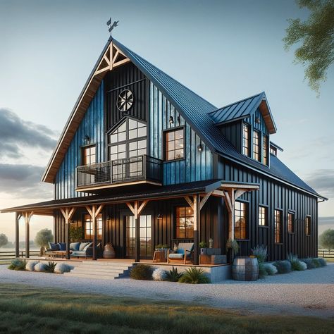 Blue and Black Barndominium - Barndo Build Plans Barndominium 4000 Sq Ft, Lakehouse Barndominium, Elevated Barndominium, Barniminium Homes Modern, Barndominium With Balcony, Gothic Barndominium, Blue Barndominium Exterior, Lake Barndominium, Blue Barndominium