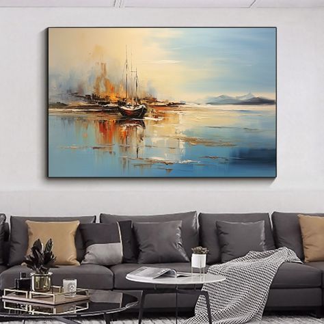 Abstract Beach Painting, Sailboat Art, Art Deco Interior Design, Painting Living Room, Art Ocean, Custom Painting, Cardboard Tubes, Nature Art Painting, Coastal Landscape