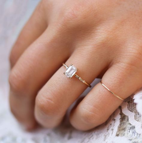 Dainty Rings Wedding, Emerald Cut Small Engagement Ring, Wedding Rings Emerald Cut Small, Rectangle Engagement Ring Small, Dainty Square Engagement Ring, Small Simple Engagement Rings Gold, Small Rectangular Engagement Ring, Engagement Rings Simple Rectangle, Small Band Engagement Ring