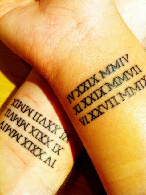 Couples Tat: Our dates of importance in roman numerals (met, engaged, wedding) Multiple Date Tattoo Ideas, Roman Numeral Font, Roman Numerals Tattoo, Date Tattoo Ideas, Numerals Tattoo, Married Couple Tattoos, Couple Tat, Date Tattoo, Couple Tattoos Unique Meaningful