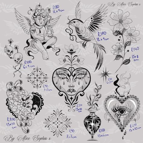 I’ve finally created a flash sheet of smaller/medium designs. Plenty more to come as I’d love to fill my odd spaces with these 🥰 Sizing is just a rough estimate, can be made bigger and price will be adjusted. Will also be adjusted for trickier areas ✨ I have some gaps through December which I will post on my availability broadcast, these will all be slightly discounted in these gaps 🥰 Email me to book✨ alicesophiatattoos@gmail.com At @Blissful.tattoos in Halstead,Essex #tattooartist ... Flash Sheet, D Love, More To Come, Media Design, Tattoo Artists, Flash, Tattoos, Quick Saves