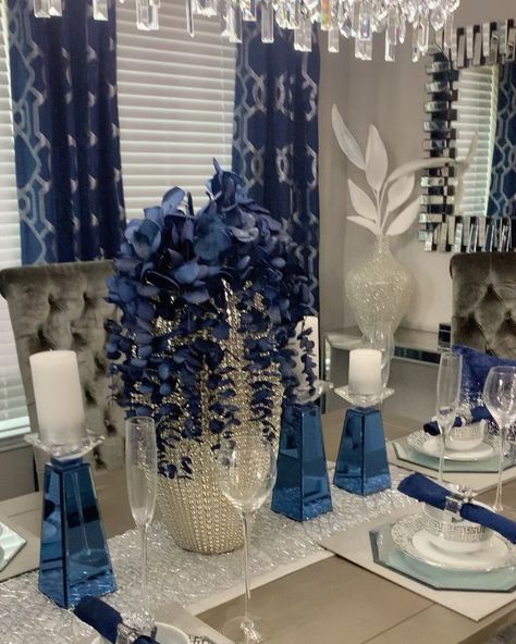 Shante' Gantt on Instagram: “Making your house a home seems more important than ever before. We can’t control the world around us, but we can certainly bring peace to…” Formal Dining Room Table Decor, Blue Dining Room Decor, Luxury Dining Room Decor, Dining Room Glam, Formal Dining Room Table, Blue Dining Room, Gymnastics Room, Matte Purple, Blue Living Room Decor