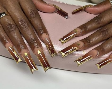 Brown And Gold Nails Acrylic, Brown And Gold Acrylic Nails, Brown And Yellow Nails, Brown And Gold Nails Designs, Lowrider Nails, Gold And Brown Nails, Brown Gold Nails, Brown And Gold Nails, Copper Nails Designs