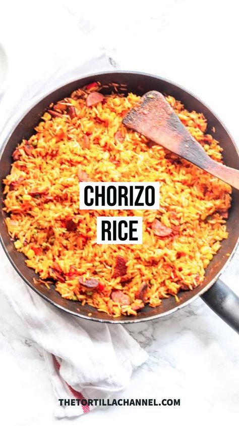 A skillet filled with chorizo rice How To Make Chorizo, Chorizo Rice, Brats Recipes, Spanish Chorizo, Mexican Side, Spanish Rice Recipe, Chorizo And Eggs, Mexican Side Dishes, Chorizo Recipes