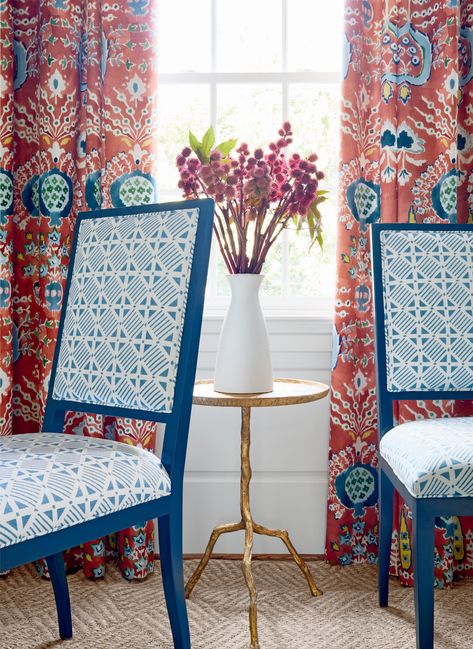 Discover a kaleidoscopic color palette of coordinating wallpapers and fabrics throughout the Kismet collection by Thibaut. Learn more at thibautdesign.com. #interiordesign #homedecor #interiorstyling #interiors #colorfulpatterns #wallpaper #fabric Thibaut Fabric, Suzani Fabric, Pleated Drapes, Dining Chair Design, Kitchen Fabric, Drapery Panels, Pillow Fabric, Ikat Fabric, Printed Curtains