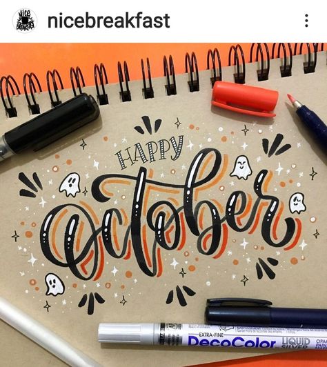 October In Calligraphy, October Calligraphy Hand Lettering, Fall Lettering Ideas, November Hand Lettering, Happy Halloween Calligraphy, October Handwriting, Name Lettering Ideas, October Typography, Fall Hand Lettering