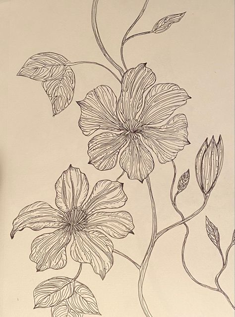 Pen line Drawing Clematis Vine Tattoo, Clematis Flower Tattoo, Clematis Drawing, Camille Core, Clematis Tattoo, Butti Design, Flower Tats, Orchid Art, Dark Planet