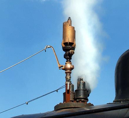 A train whistle, also known as an air whistle or steam trumpet, is an audible signaling device on a steam locomotive used to warn that the engine is approaching and to communicate with rail workers.  Whistles are necessary on locomotives because of their susceptibility to collision, due to their size and movement on fixed rails.  Steam whistles were often activated by a pull cord or lever permitting some form of expression, and it was usually evident by the sound who was operating the engine. Steam Whistle, Train Whistles, Value Painting, Old Steam Train, Train Whistle, Sewing Cabinet, Train Route, Scenic Travel, Scrap Art