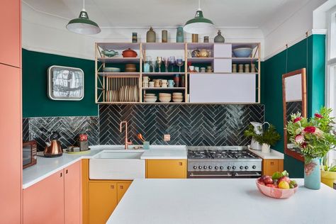 This Vibrant London Kitchen Is a Rainbow-Hued Delight | Architectural Digest Eclectic Kitchen Cabinets, Upcycle Kitchen Cabinets, Fireplace In The Corner, Topps Tiles, Airy Room, London Kitchen, 1930s House, Eclectic Kitchen, Kitchen Cabinet Colors