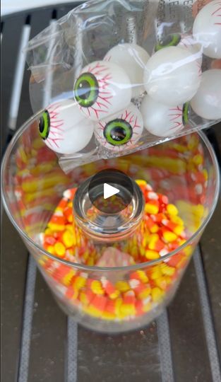 Glass Pumpkin Decorating Ideas, Eyeball Crafts For Halloween, Dollar Tree Eyeballs, Dollar Tree Spider Bowl, Diy Halloween Candy Jar, Puking Pumpkin, Halloween Lamp, Diy Halloween Food, Candy Corn Crafts