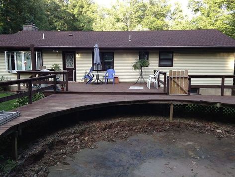 Swimming Pool Removal, Ground Deck, Decks Around Pools, Backyard Upgrades, Sunken Fire Pits, Deck Fire Pit, Pool Renovation, Above Ground Pool Landscaping, Above Ground Pool Decks