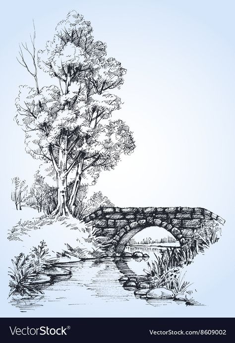 River Pen Drawing, Bridge Over River Drawing, Forest With River Drawing, Theme Park Sketch, Landscape Drawings Pencil Sketches, How To Draw A Bridge, Stone Bridge Drawing, Drawing Ideas Forest, Landscape Drawings Pencil